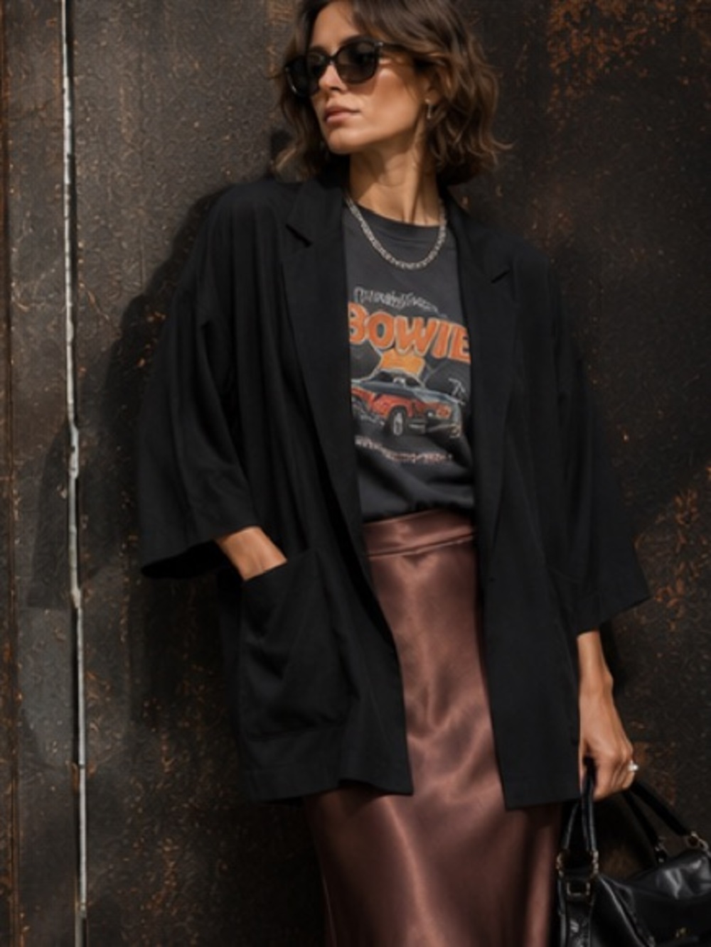Eileen Fisher 100% Silk Oversized 3/4 Sleeve Black Open Front Blazer Jacket